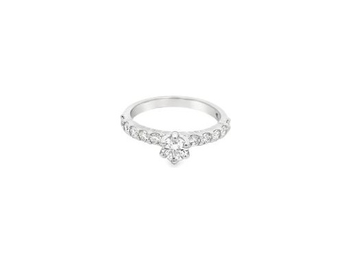 18K White Gold Solitaire Engagement Ring with Natural Round Diamonds and Pavé Band